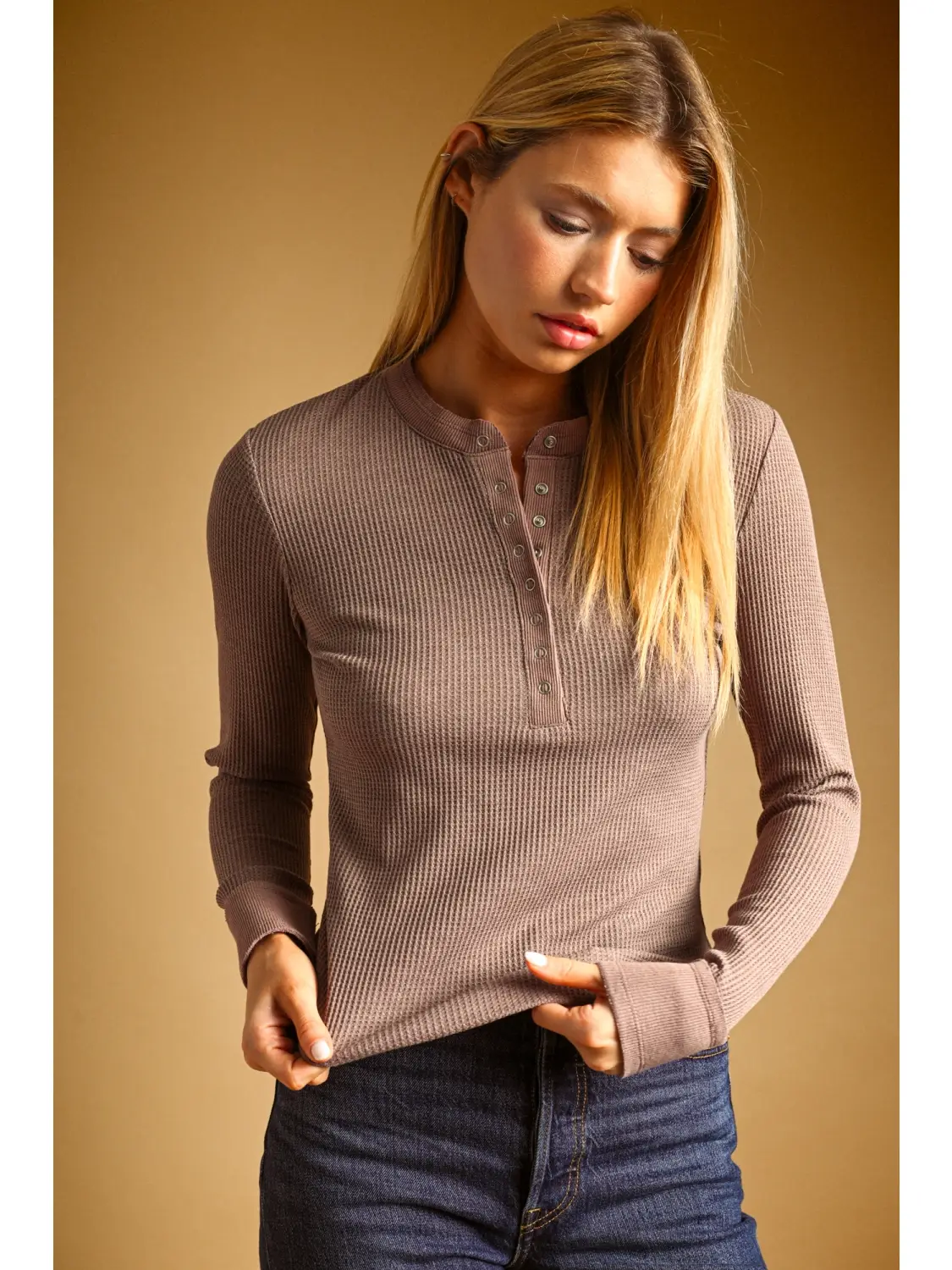 Half Snap Button Waffle Fabric Long Sleeve Top - CHOCOLATE