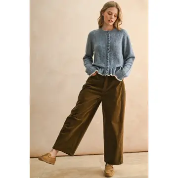 Button Front Ruffled Detail Sweater Cardigan - Denim Blue