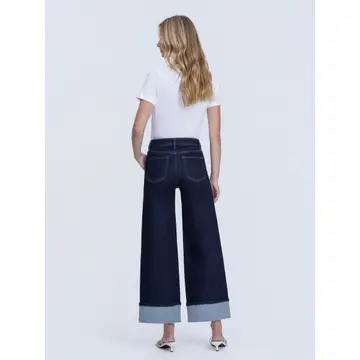 High Rise Dark Wash Cuffed Ankle Wide Leg Jeans - REVENUE