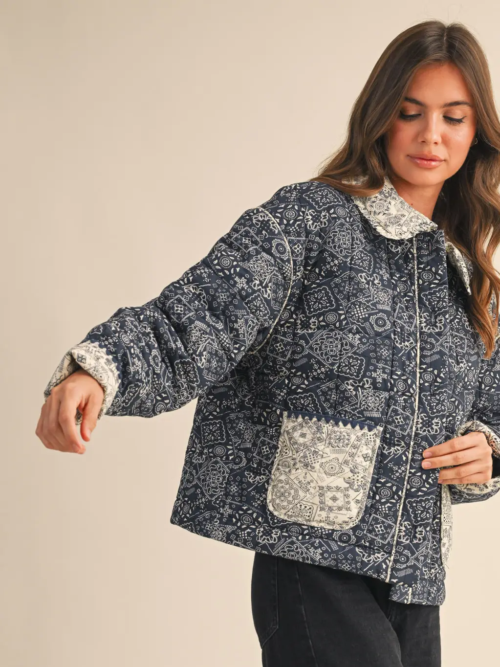 Quilted Bandana Print Jacket - Navy