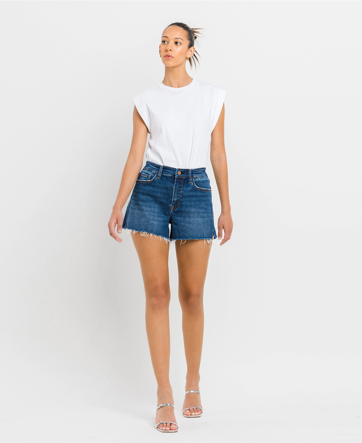 High Rise Distressed Hem A-Line Shorts | Swerve