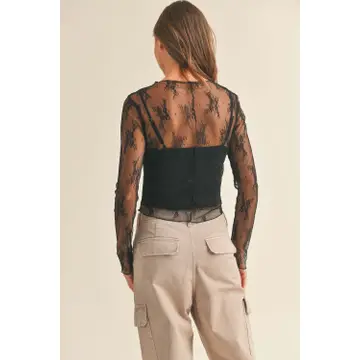 Long Sleeve Lace Fabric with Lining Insert Top - Black