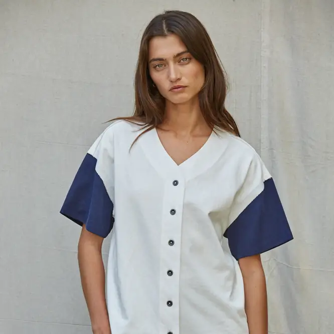 Knit Cotton Short Sleeve Button Down Baseball Shirt - NAVY