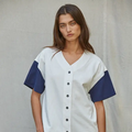 Knit Cotton Short Sleeve Button Down Baseball Shirt - NAVY