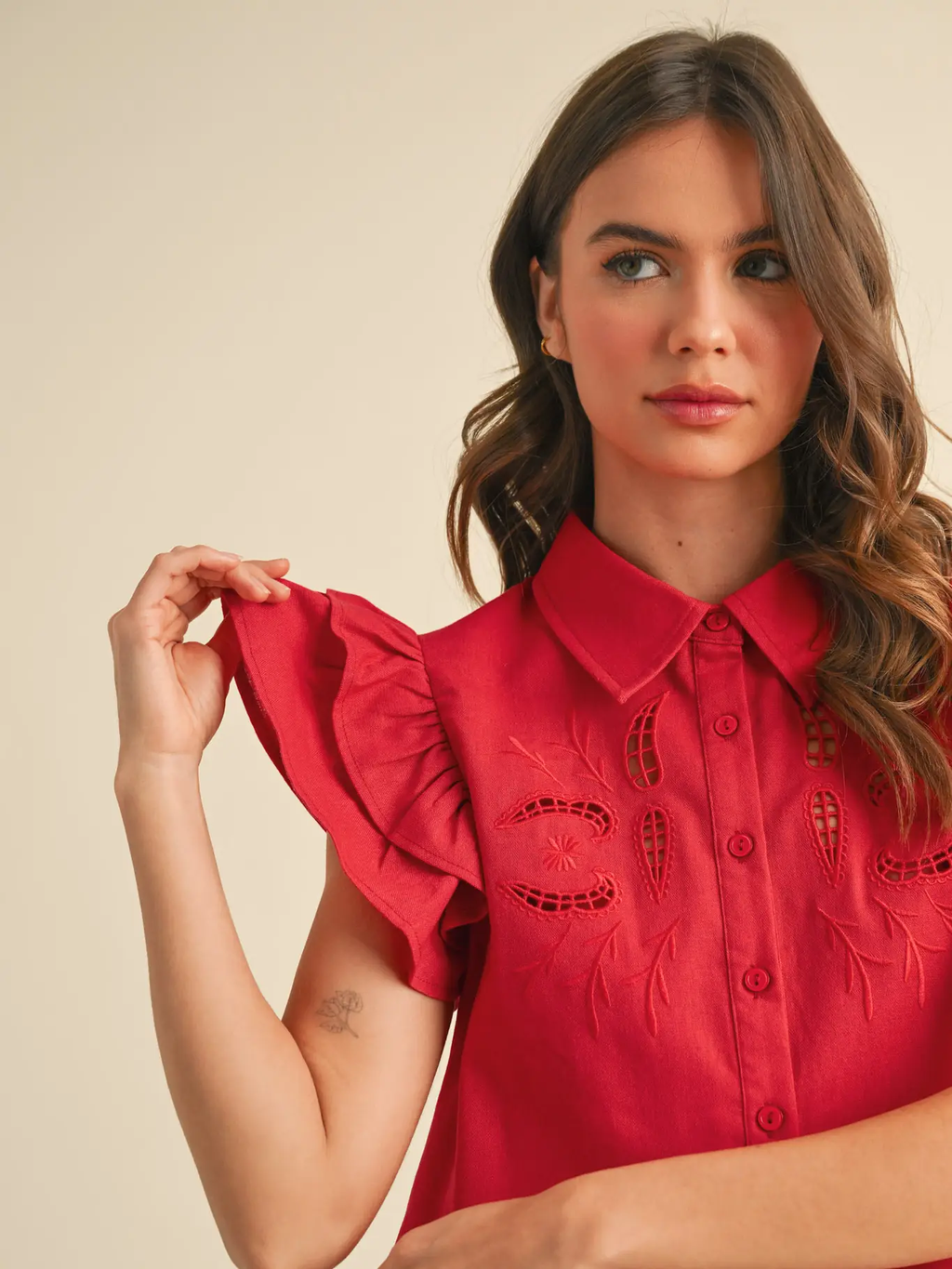 Embroidered Cut Out Button Down Top - CHERRY RED