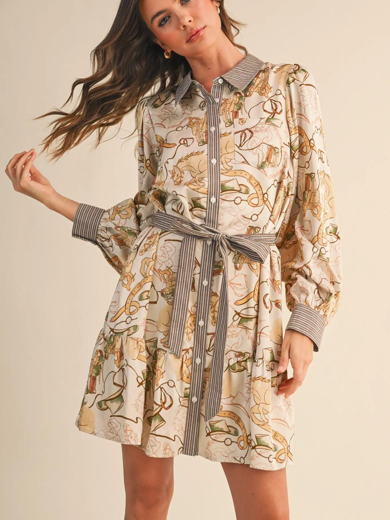 Exclusive Mixed Print Button Down Mini Dress - EGGSHELL MULTI