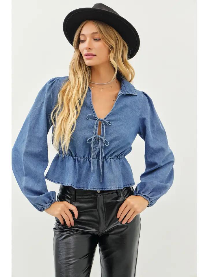 Washed Cotton Denim Drop Waist Top with Split Neck