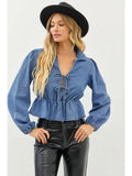 Washed Cotton Denim Drop Waist Top with Split Neck