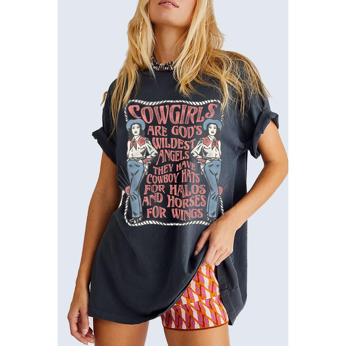 COWGIRLS ARE GODS WILDEST ANGELS OVERSIZED MINERAL BLACK WASHED T SHIRT