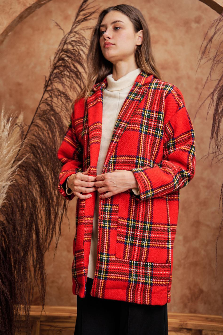 Multi Flannel Loose Fit Pocket Open Long Jacket - Red Multi
