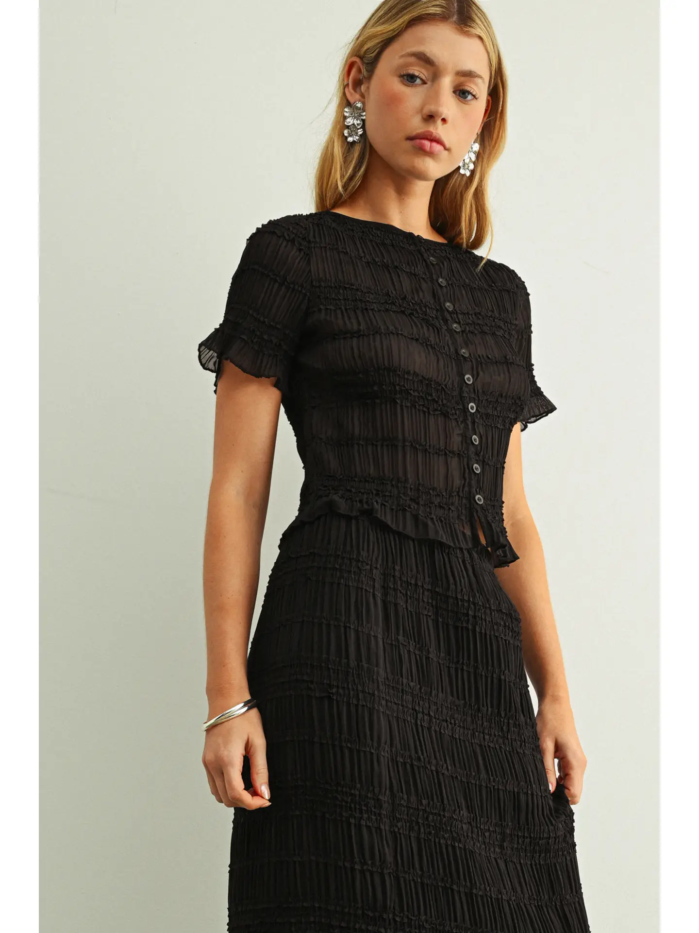 Chiffon Short Sleeve Button Front Top - BLACK