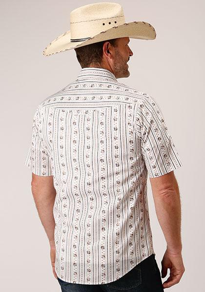 MENS S/S SHIRT SNAP PRINT 1501 BROWN & BLUE WALLPAPER STRIPE 01-002-0019-3058