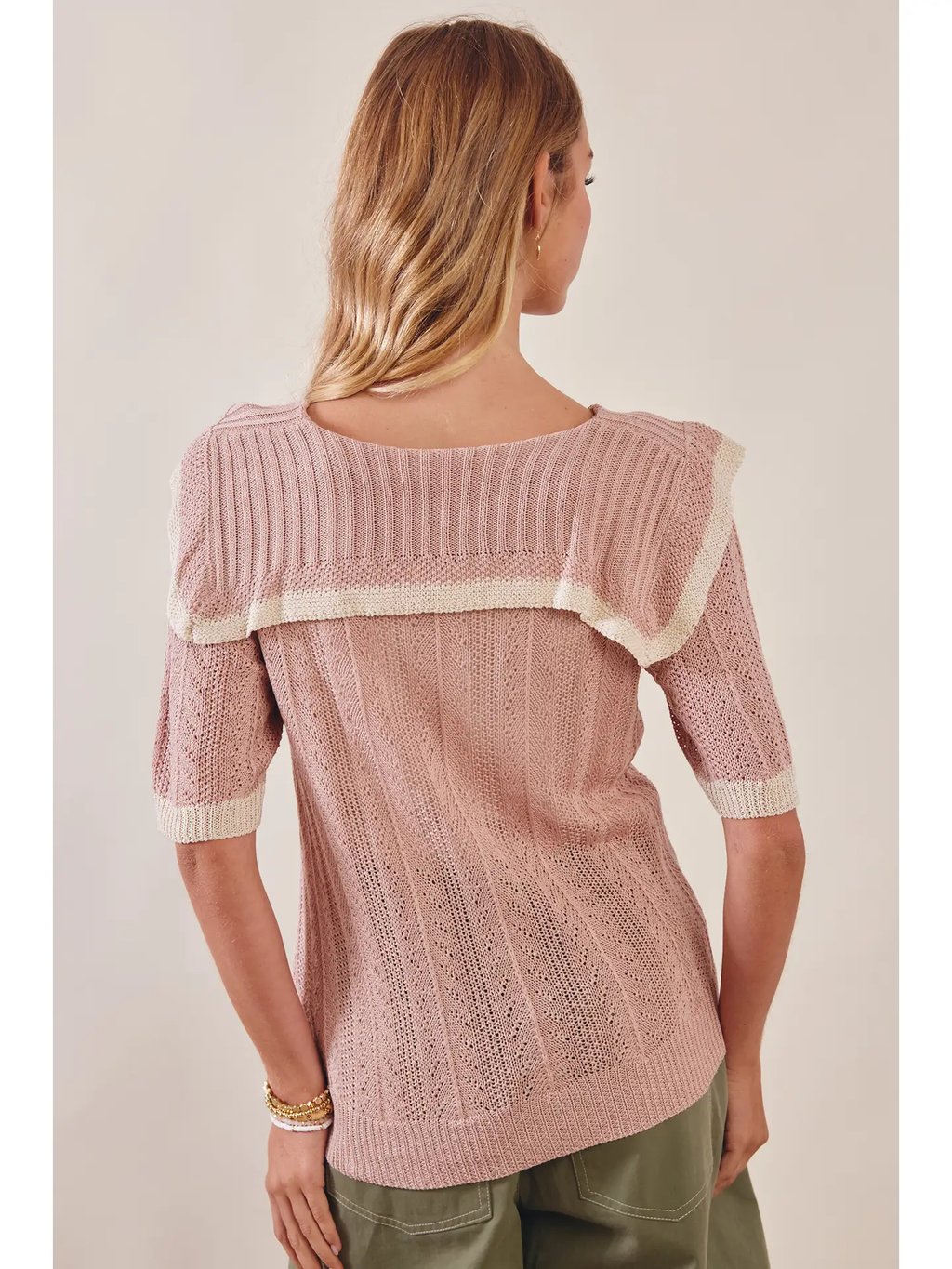 Knit Sailor-Collar Ribbon Top - ROSE LATTE