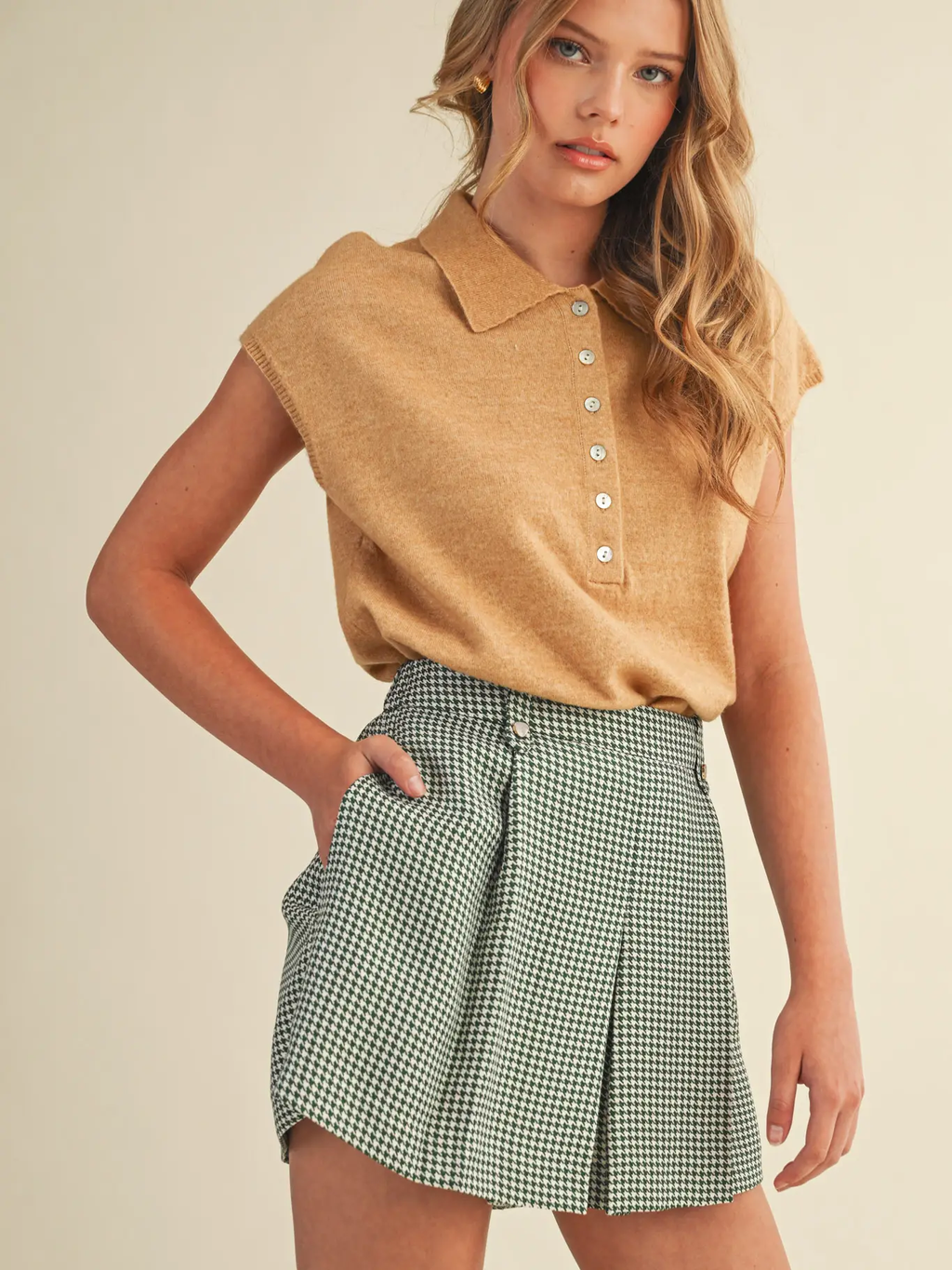 Cap Sleeve Collared Sweater Vest - OLIVE
