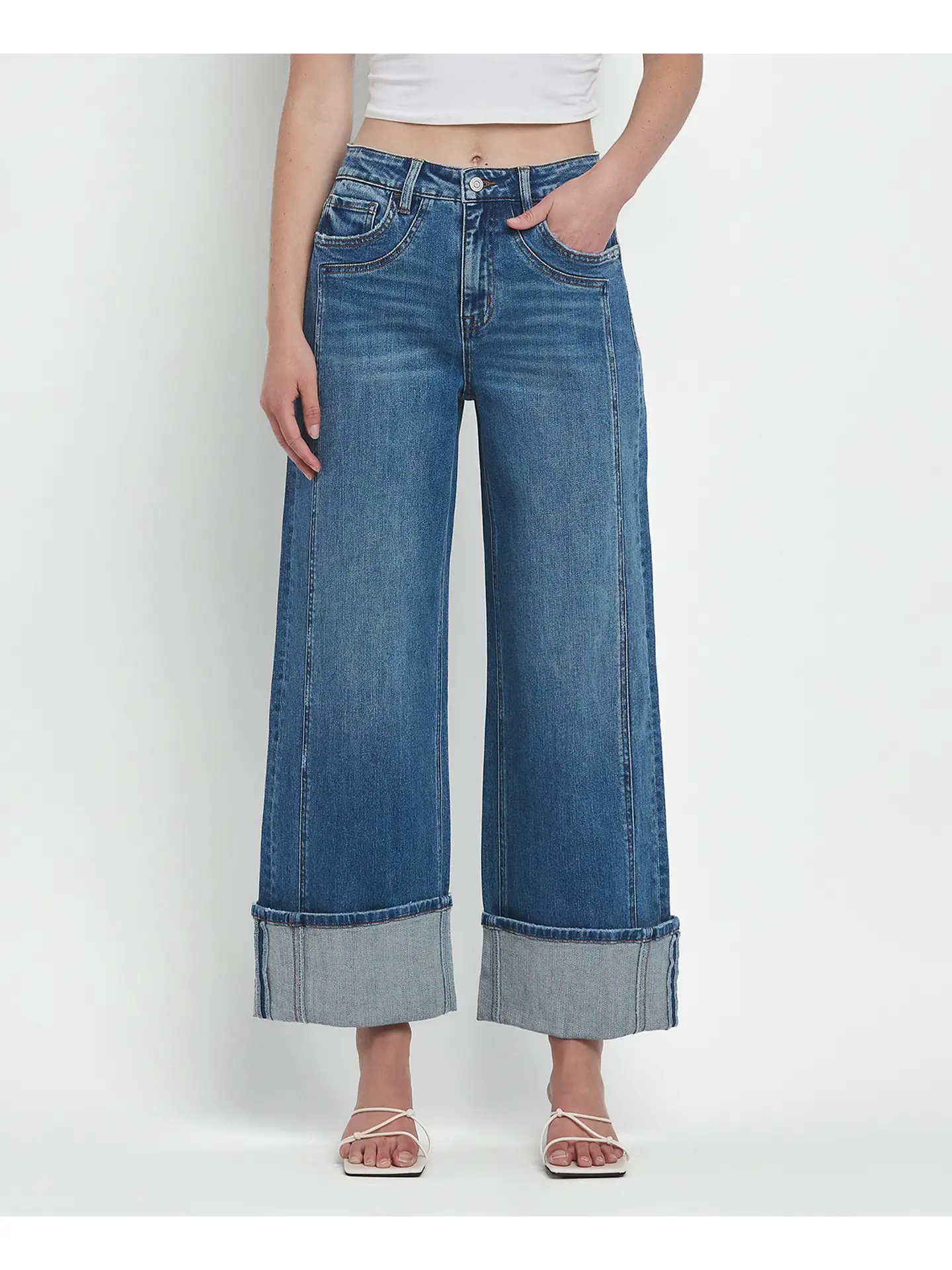 Super High Rise Cuffed Baggy Wide Jeans - JOYSOME