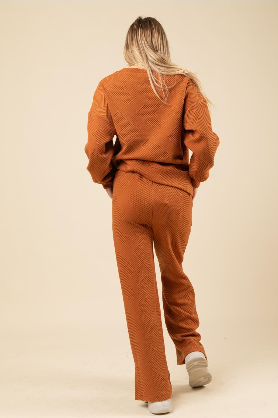 Quilted Double Knit Loungewear Top & Pants Set - Camel