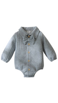 BABY BOY CABLE KNIT BOW TIE BUTTON LONG SLEEVE ROMPER - GREY