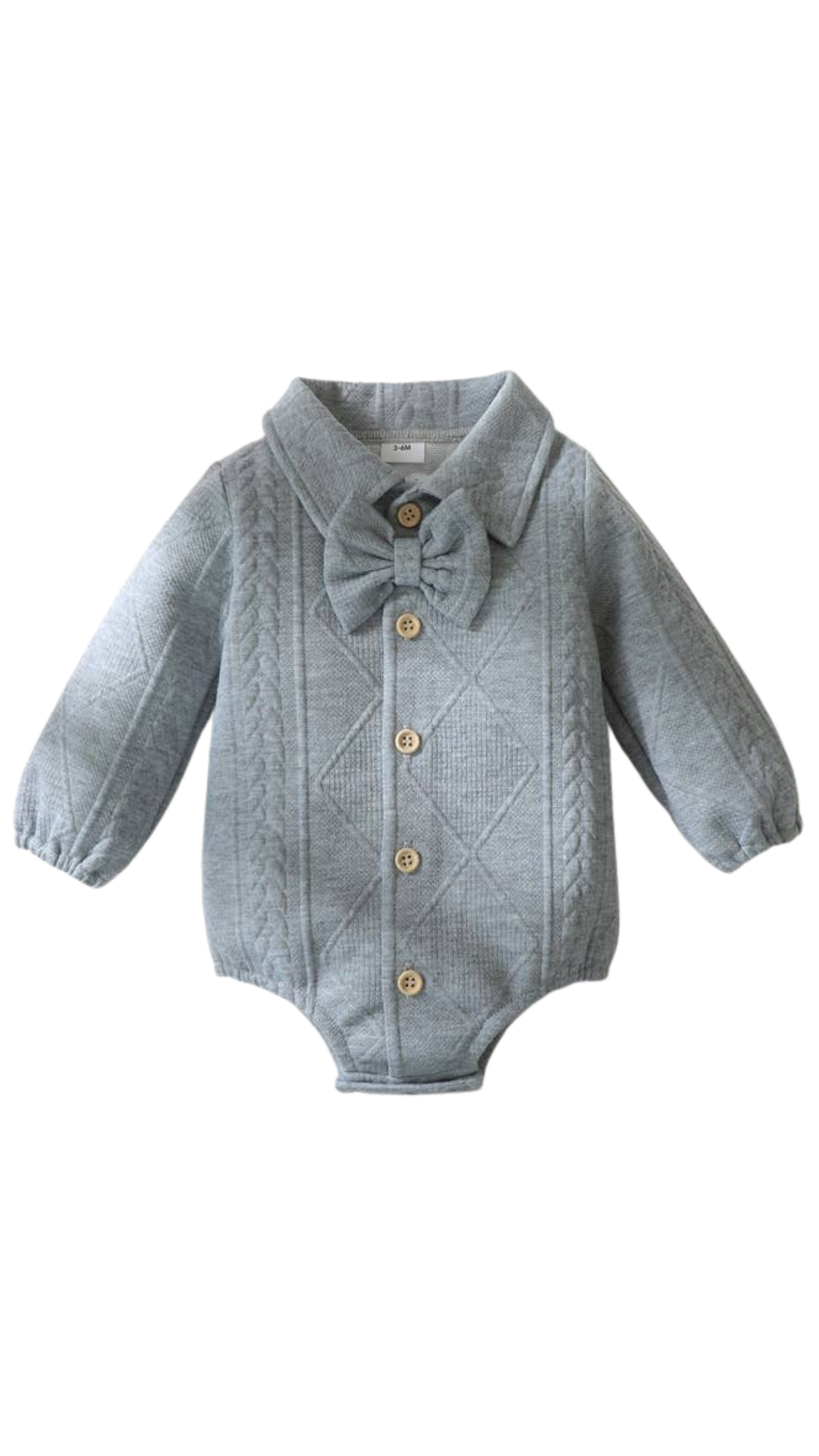 BABY BOY CABLE KNIT BOW TIE BUTTON LONG SLEEVE ROMPER - GREY
