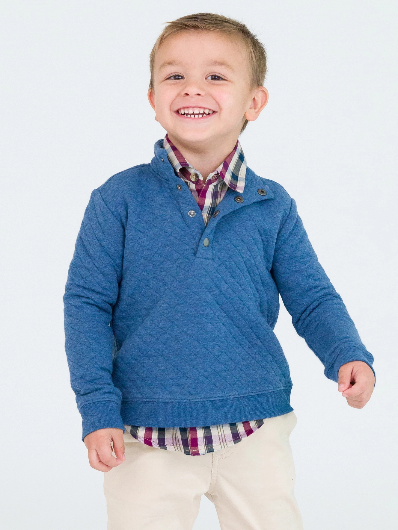 Boys Heather Indigo Quilted Quarter Snap Sweatshirt - Blue