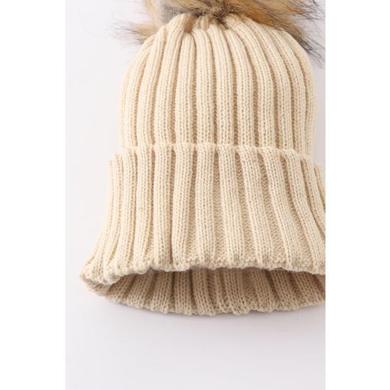 BEIGE KNIT POM POM BEANIE