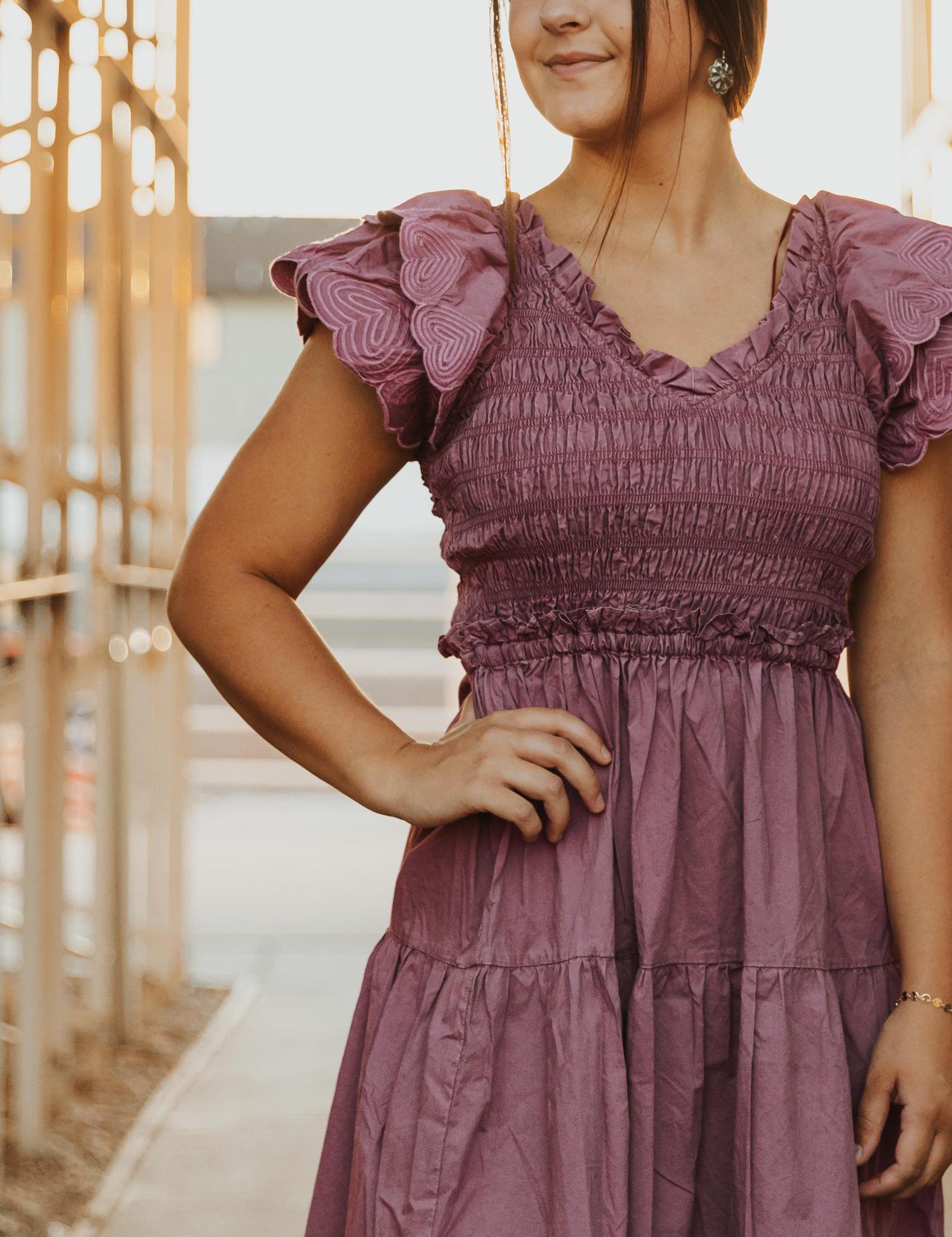 Cotton Poplin Ruffle Slv Smocked Bodice Midi Dress - Grape Nectar