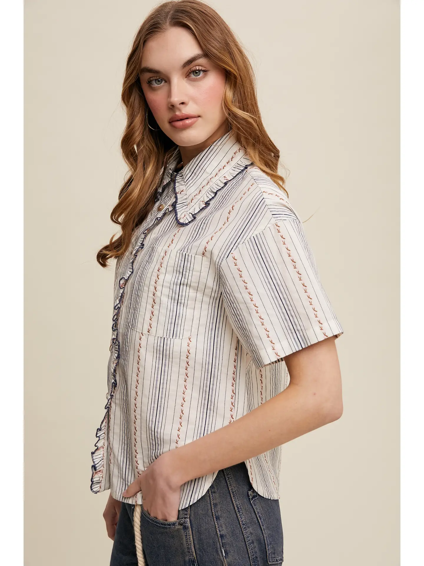 Striped Embroidered Button-Down Blouse