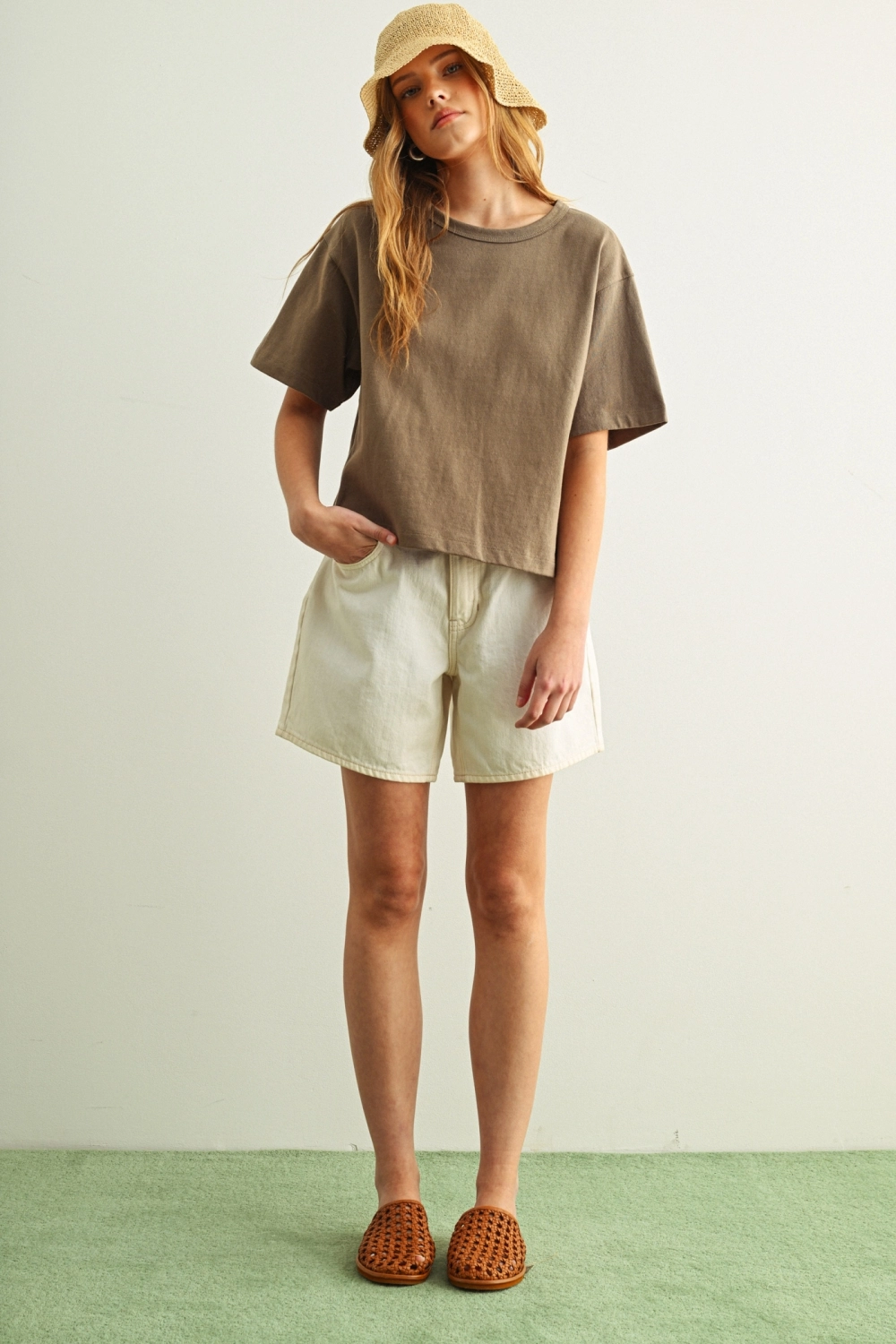 Short Sleeve Linen Knitted Top - Olive