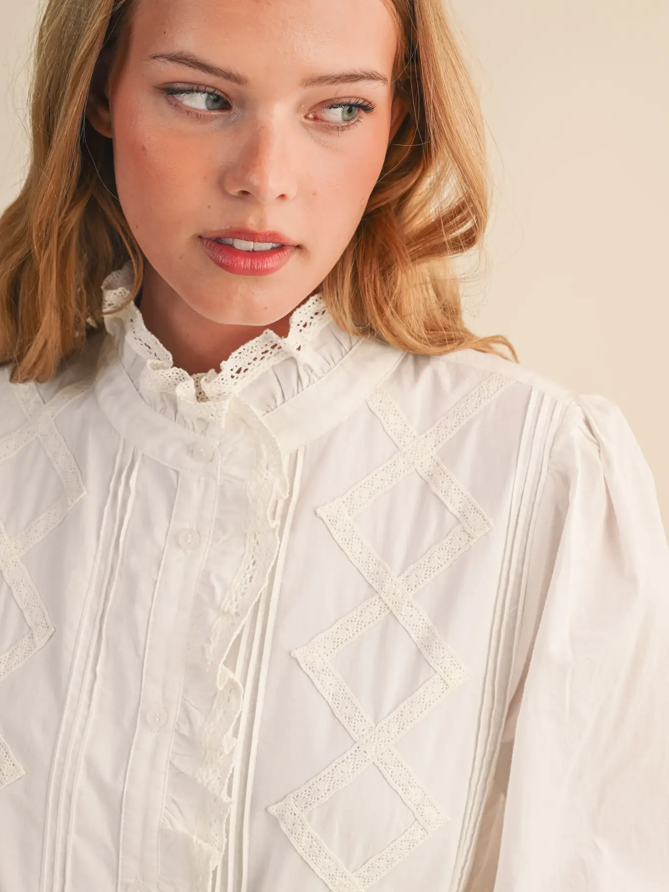 Ruffled Lace Trim Button Down Top - White