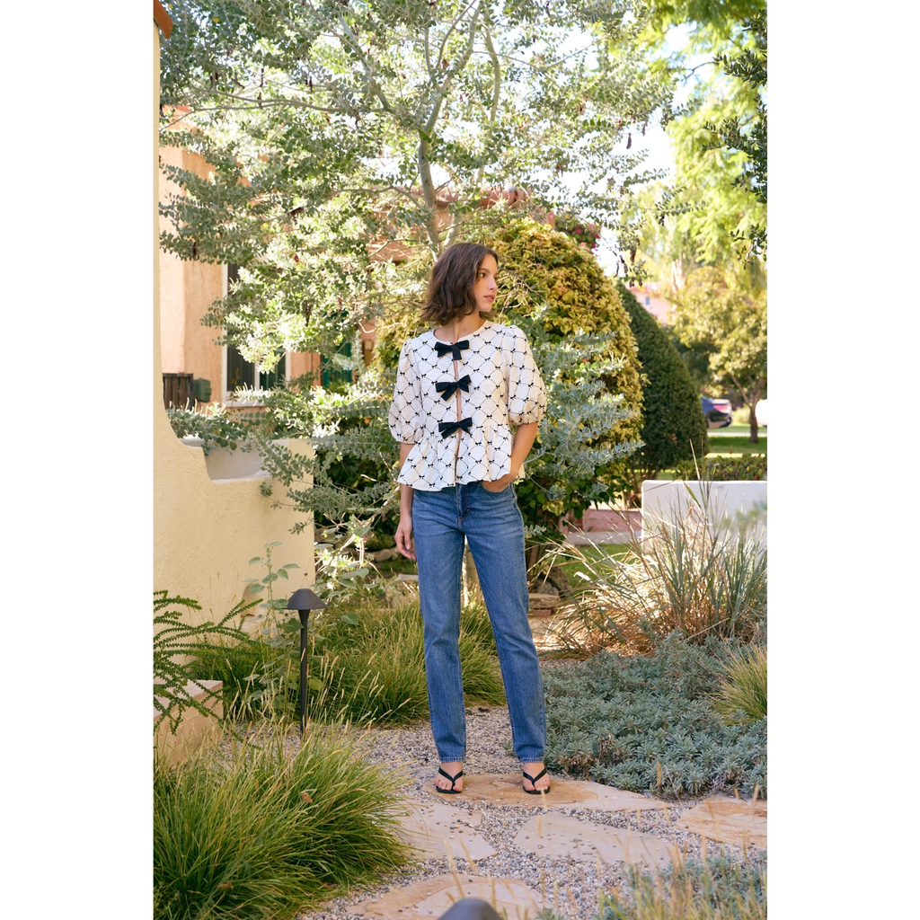 Bow Print Textured Tie Front Peplum Top Cream/Black