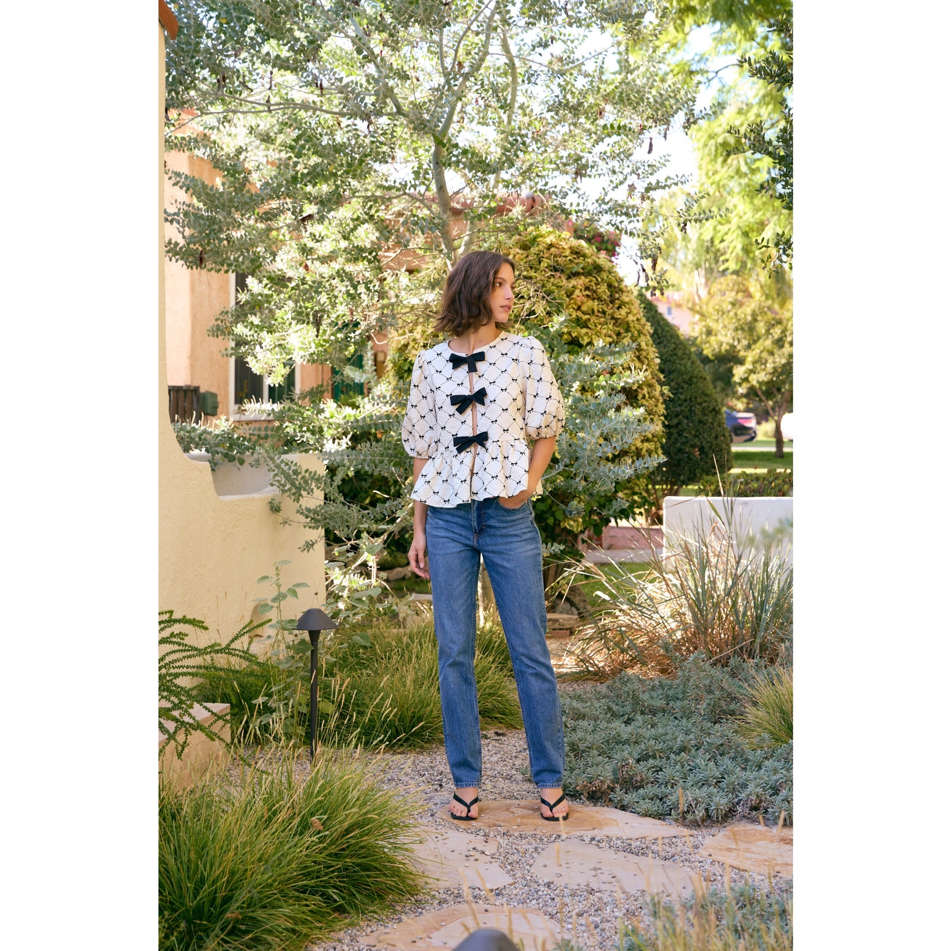 Bow Print Textured Tie Front Peplum Top Cream/Black