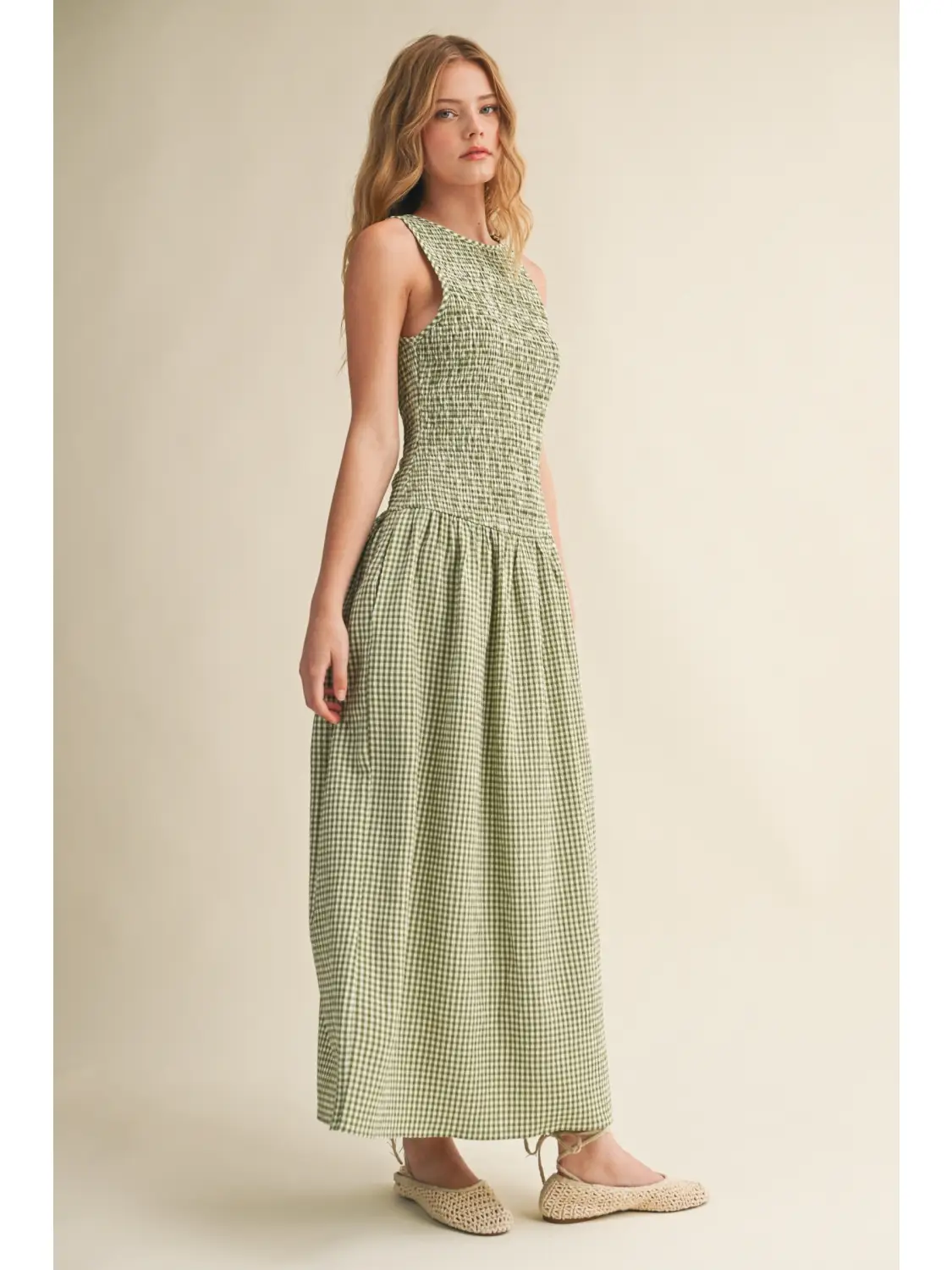 Mini Gingham Pattern Sleeveless Long Dress - GREEN