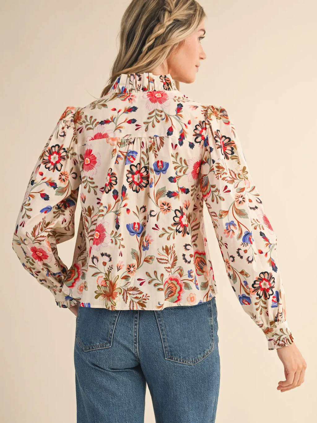 Exclusive Floral Print Ruffled Button Down Top - ASH OLIVE MULTI