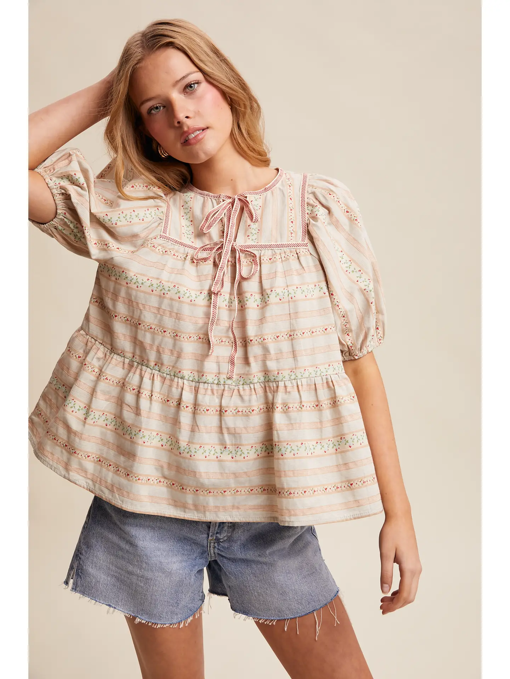 Striped Floral Lace Trim Peasant Blouse - TAUPE