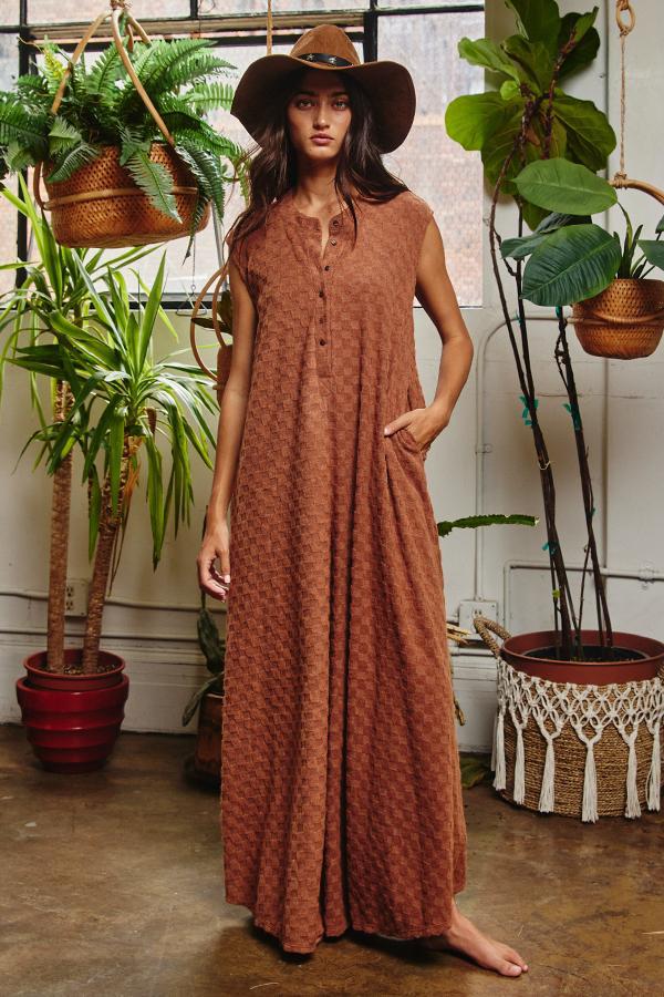 Wide Leg Chess Board Textured Brushed Knit Jumpsuit - CAMEL