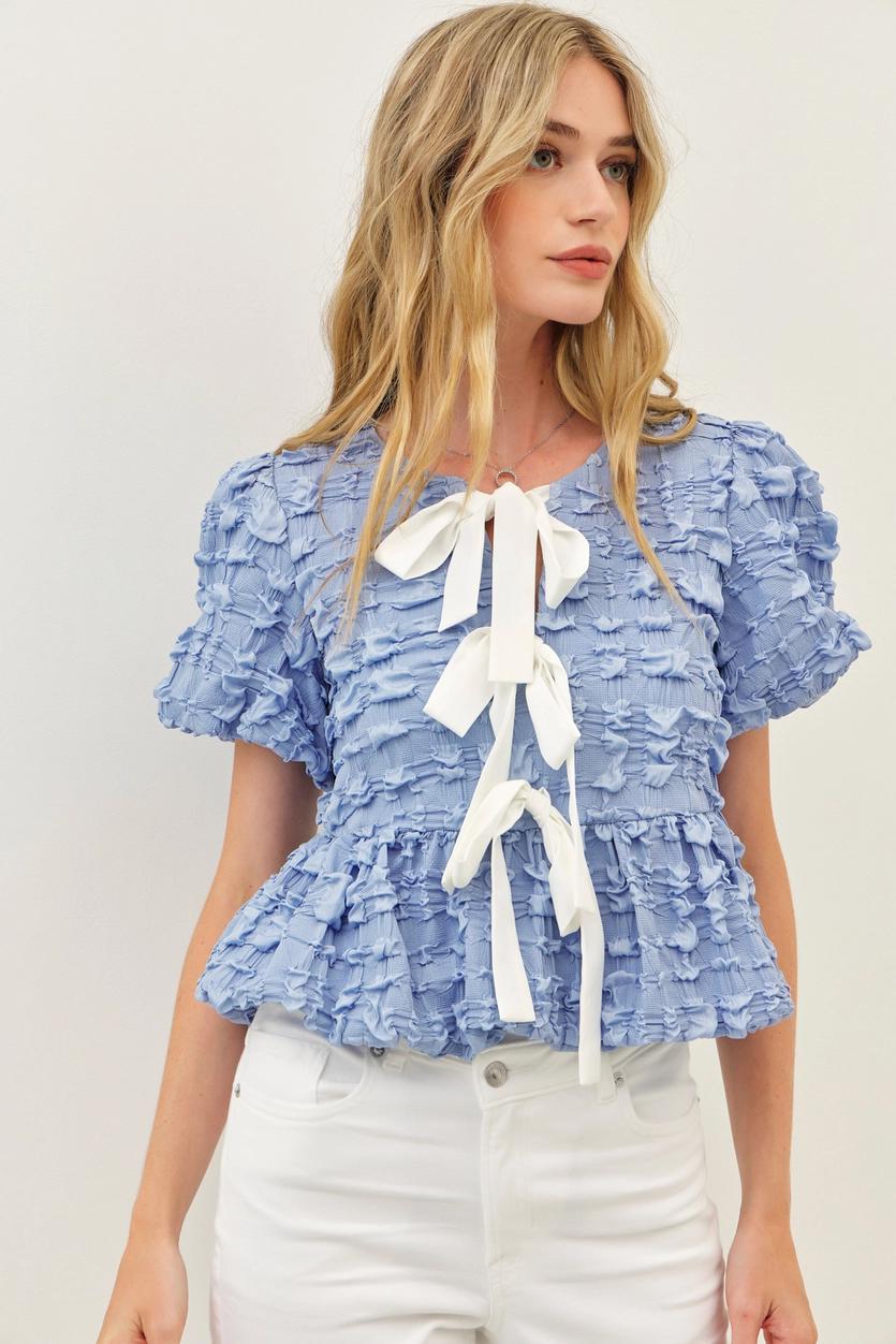 Bubble Babydoll Blouse with Textured Fabric and Contrast Bow - Lt. Blue