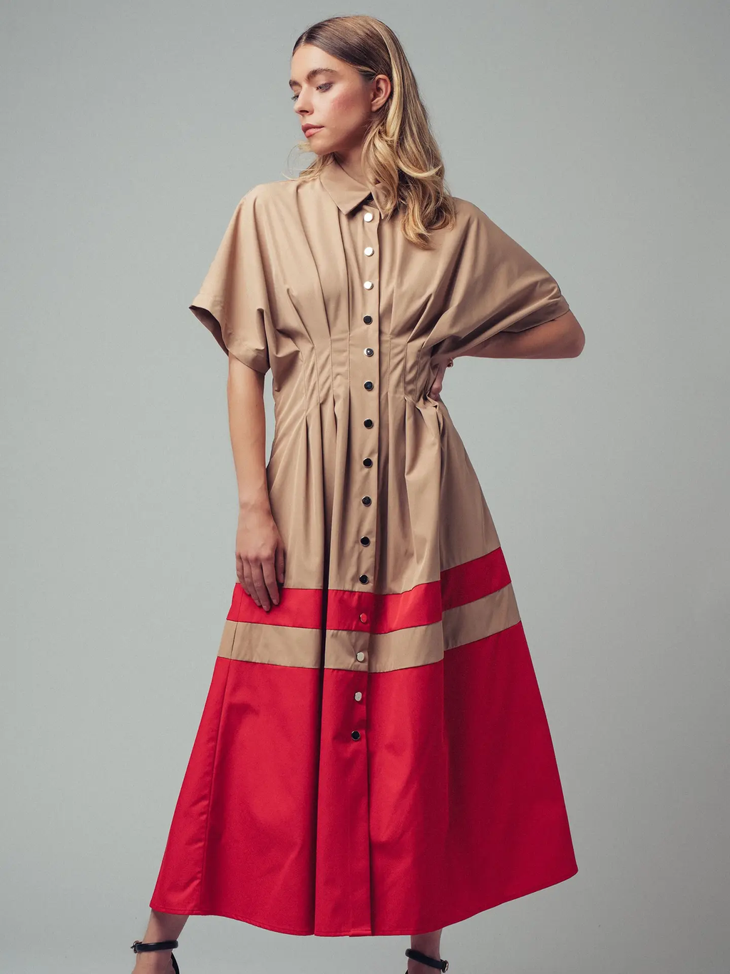 Colorblock Button-Up Cotton Midi Dress - CAMEL