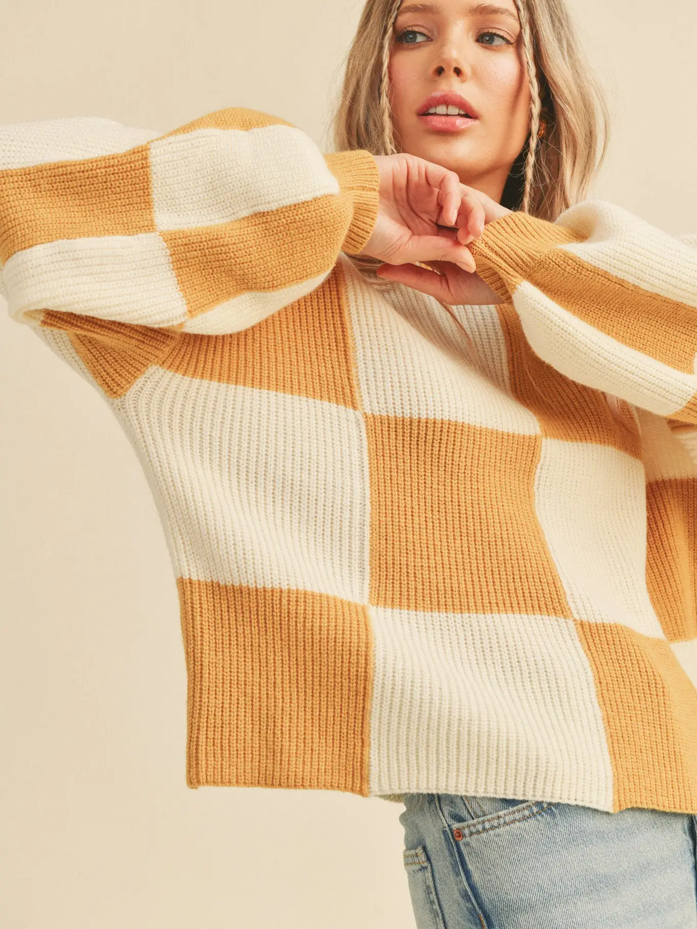 Oversized Checkerboard Pullover - Mustard