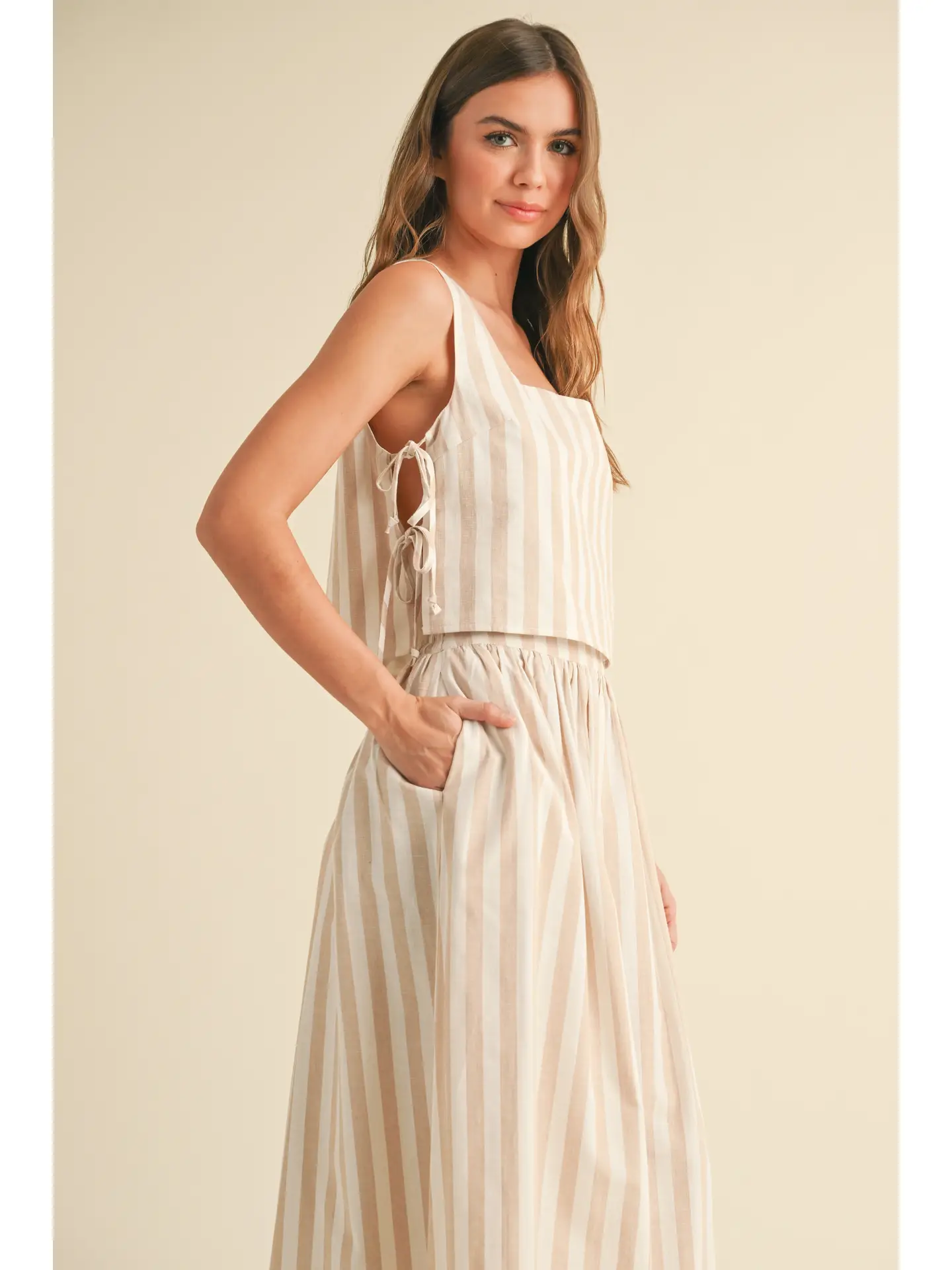 Stripe Pattern Tie On the Side Top - Beige