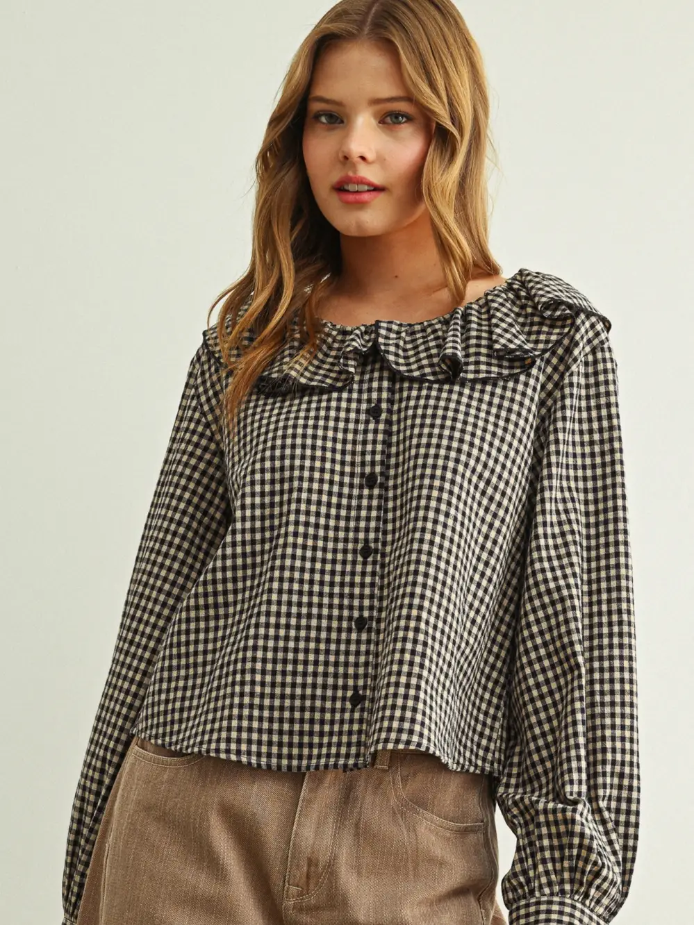 Mini Gingham Ruffled Collar Blouse - NAVY/STONE
