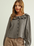 Mini Gingham Ruffled Collar Blouse - NAVY/STONE