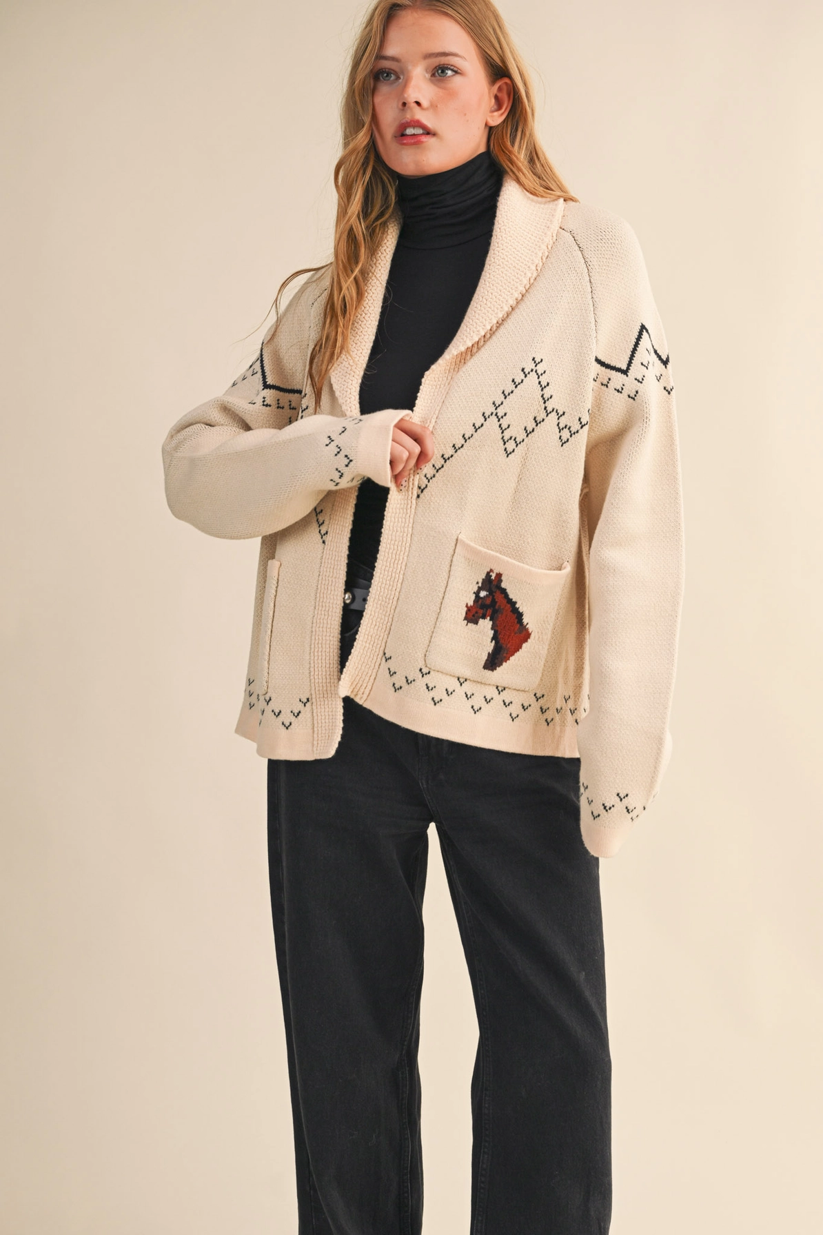 Horse Knit Sweater Cardigan - Beige Taupe
