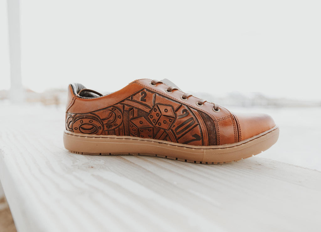 MENS FOOTWEAR AWESOME CASUAL LACE UP SHOE BURNISHED COGNAC LEATHER,  GAMBLER HANDTOOLED INSET