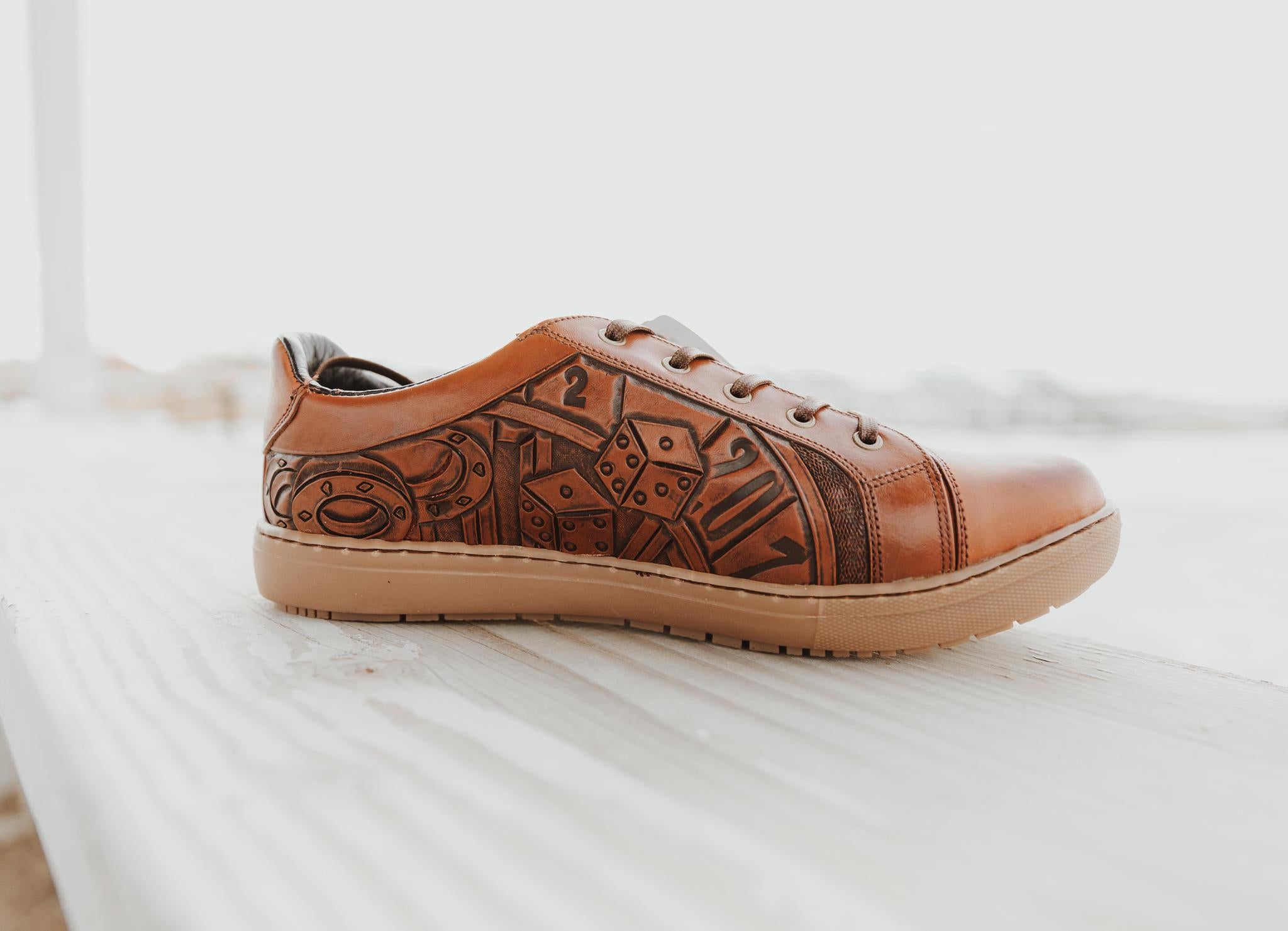 MENS FOOTWEAR AWESOME CASUAL LACE UP SHOE BURNISHED COGNAC LEATHER,  GAMBLER HANDTOOLED INSET