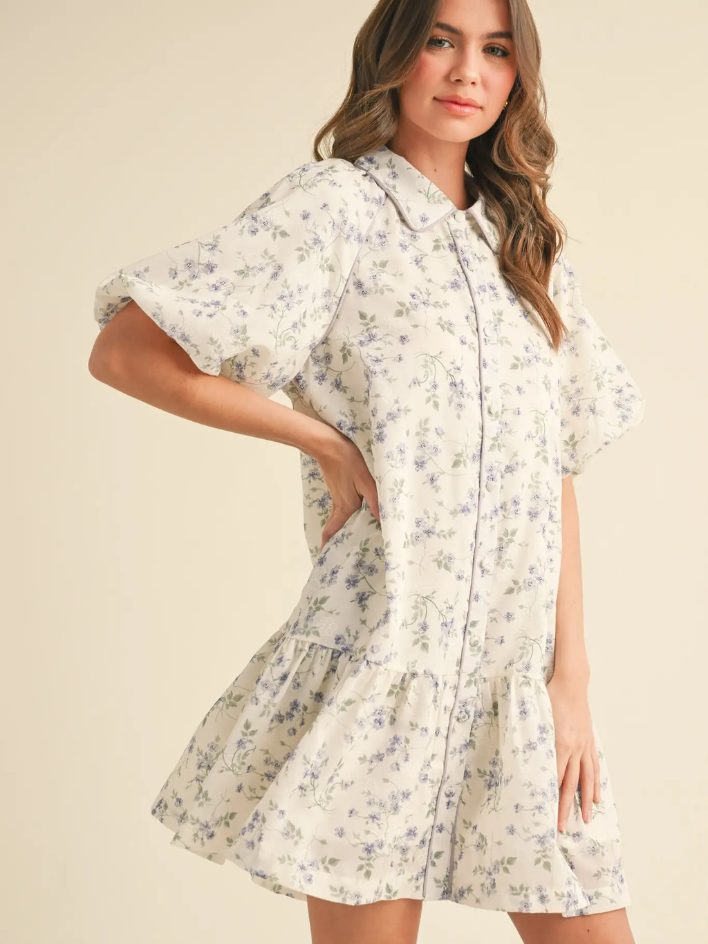 Bubble Sleeve Button Down Floral Mini Dress - GOLDEN YELLOW FLORAL