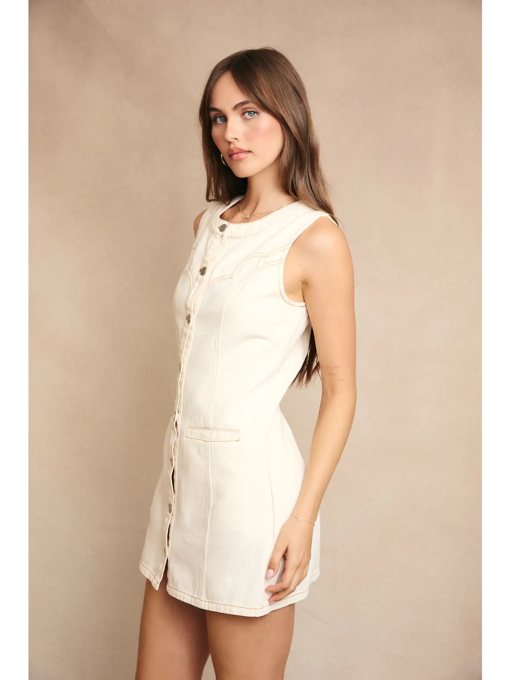 Stitch Detail Sleeveless Button Down Dress - CREME