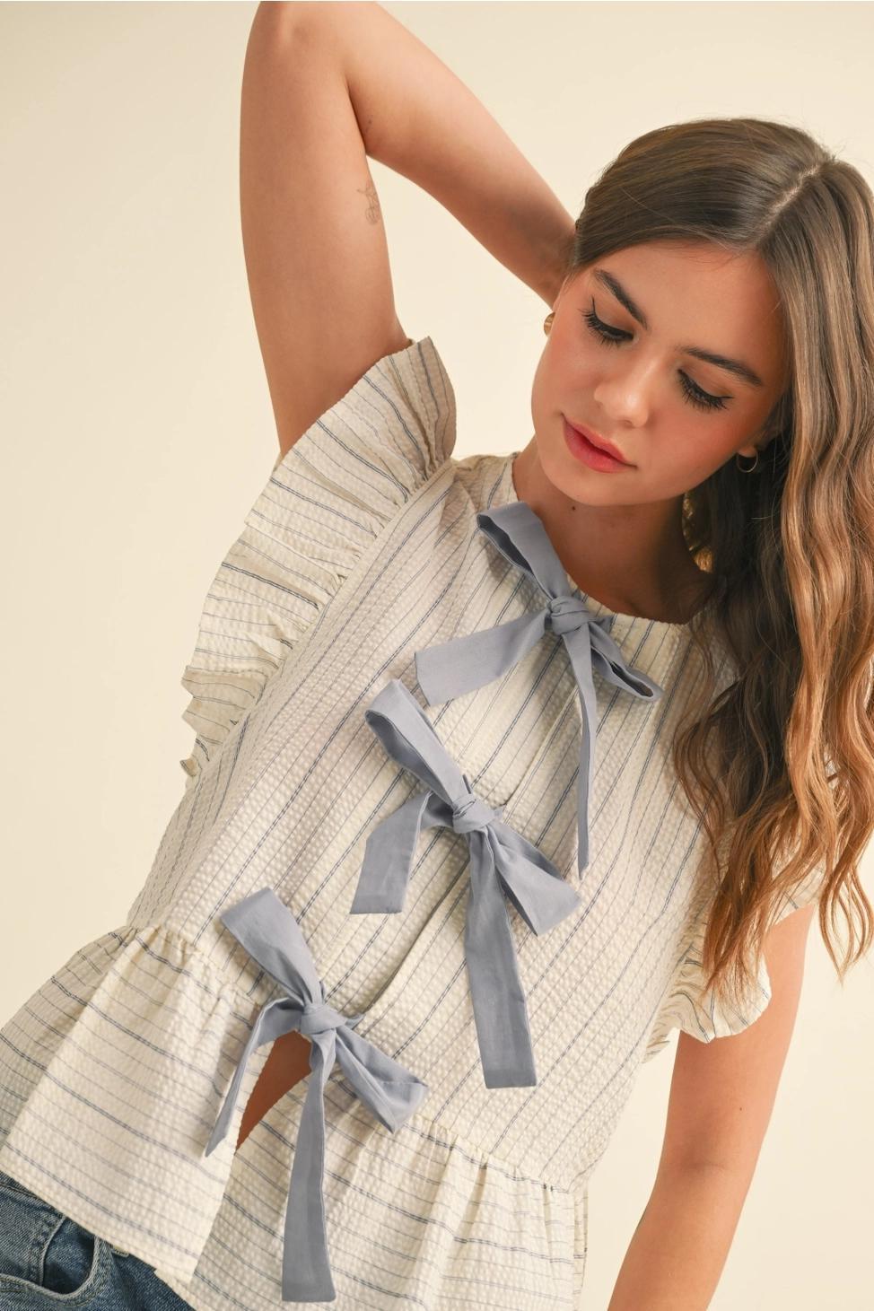 Striped with Tie Front Ruffle Sleeveless Blouse - Blue