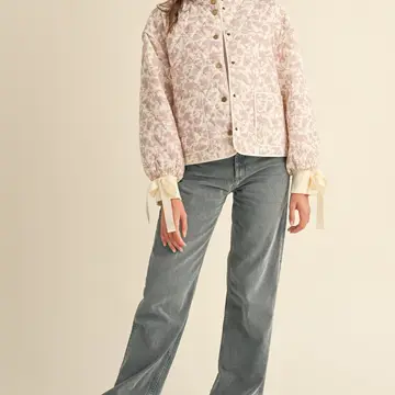 Floral Quilted Jacket with Ribbon Detail - IVORY PINK FLORAL