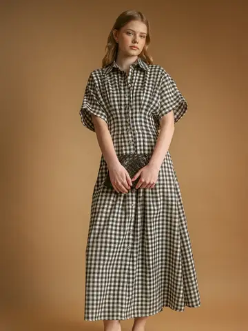 Gingham Pattern Button Down Shirt Dress - Black/Cream