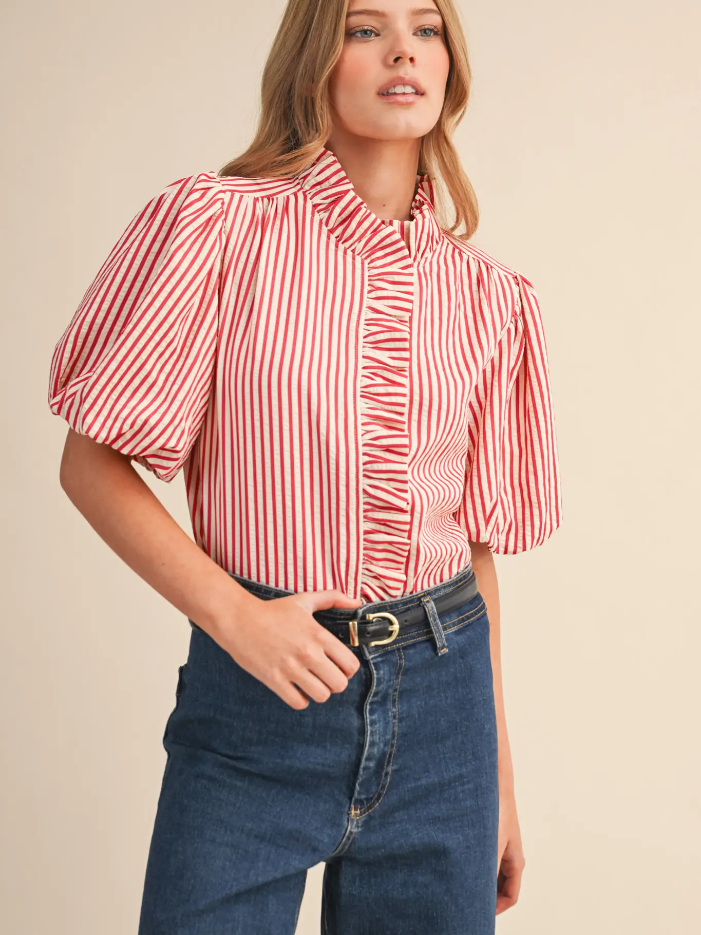 Striped Ruffled Button Down Top - BERRY RED