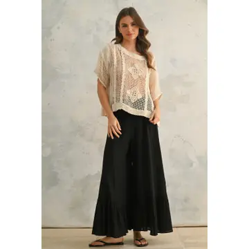 Wide Leg Ruffled Bottom Detail Pants - BLACK